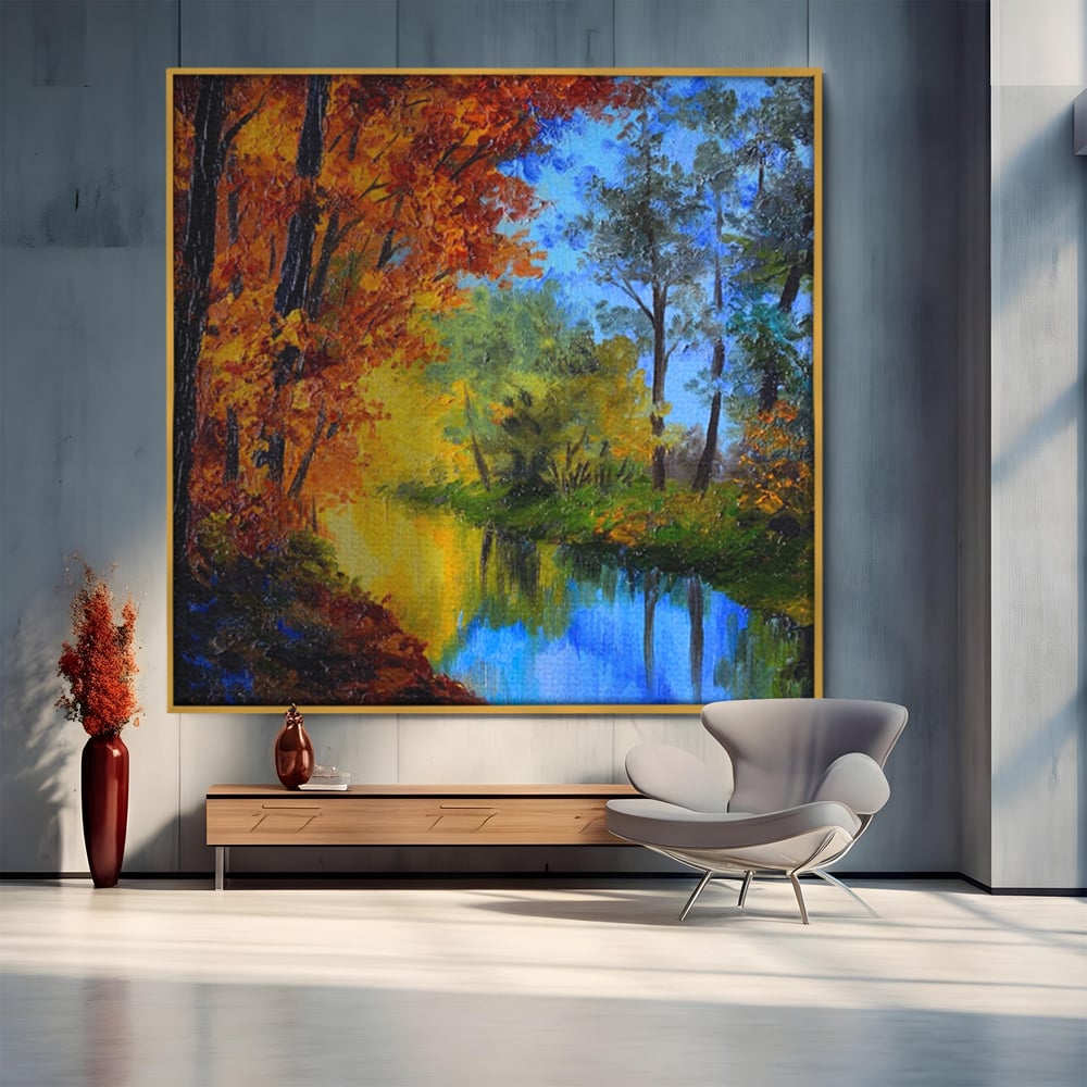 Tablou canvas cu pictura in ulei cu padure toamna si lac, in rama de aluminiu auriu
